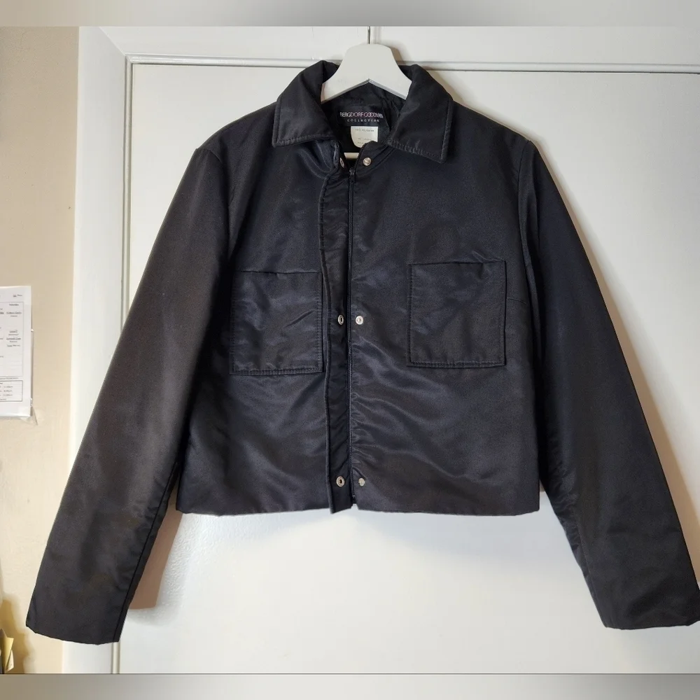 BERGDORF GOODMAN Sleek Bomber Jacket Black edgy cropped length SIZE 8